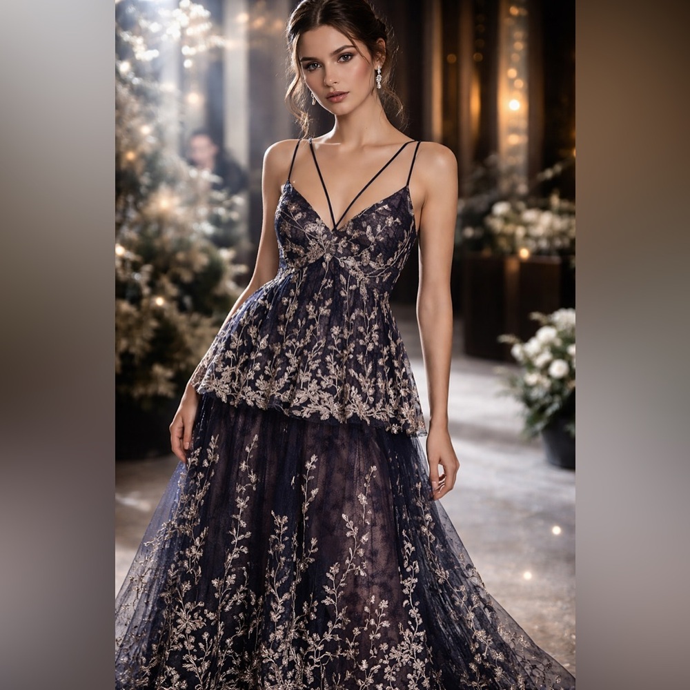 $588 NWT BCBGMAXAZRIA Floral Blooms Metallic Embroidered Ruffle Gown - Picture 3 of 16